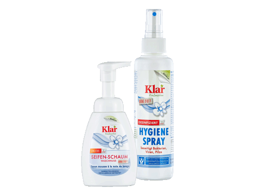 Klar Seifenschaum und Klar Hygienespray