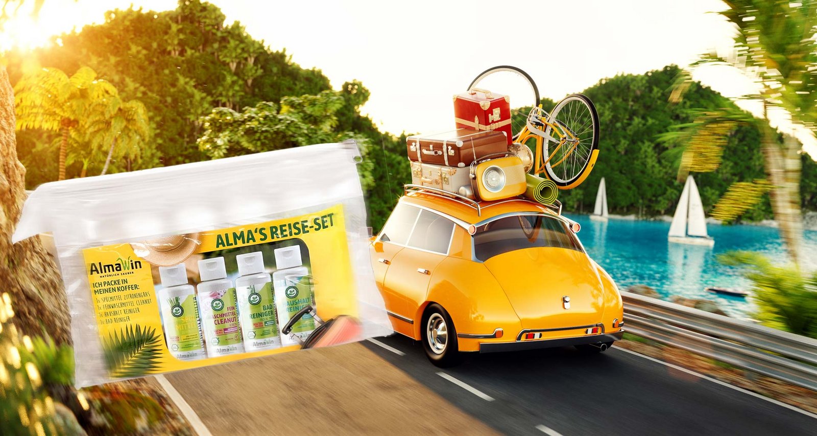 Alma's Reise-Set vor voll gepacktem Auto, das in den Urlaub fährt