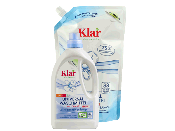 Klar Universalwaschmittel ohne Duft 1,5l Nachfüllpack und 750 ml Flasche