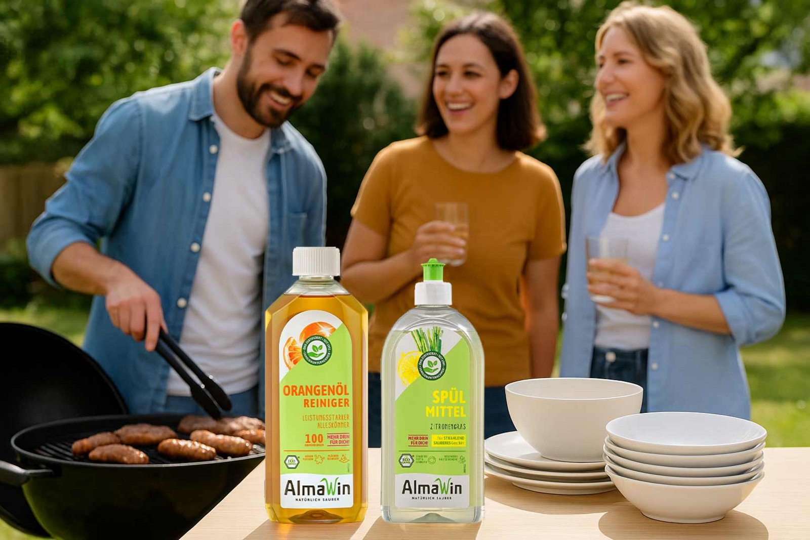 2 Frauen und ein Mann stehen am Grill, im Vordergrund AlmaWin Orangenölreiniger und AlmaWin Spülmittel Zitronengras
